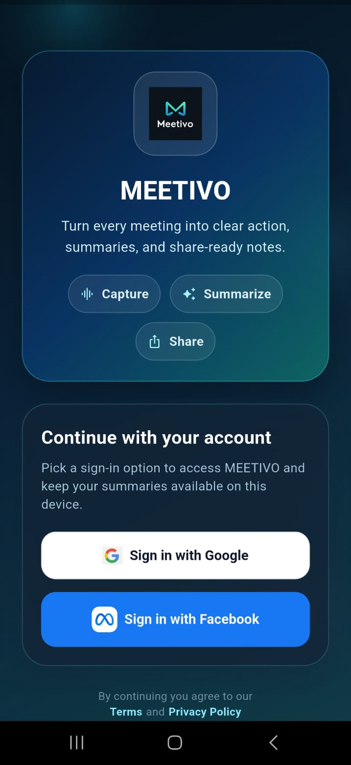 Meetivo login and app screenshot